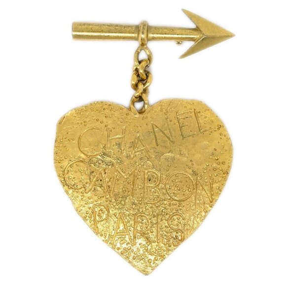 Chanel Bow And Arrow Heart Brooch Pin Gold 93P - Picture 1 of 12